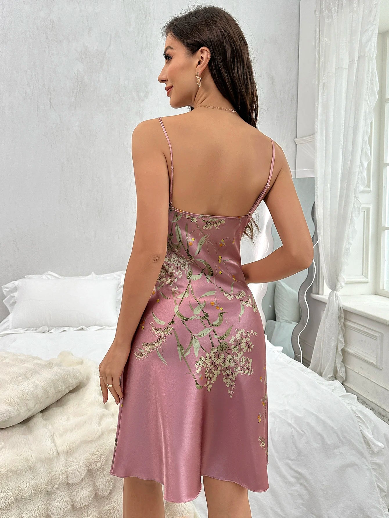Camicia da notte con stampa floreale, sexy, scollo a V, spalline sottili
