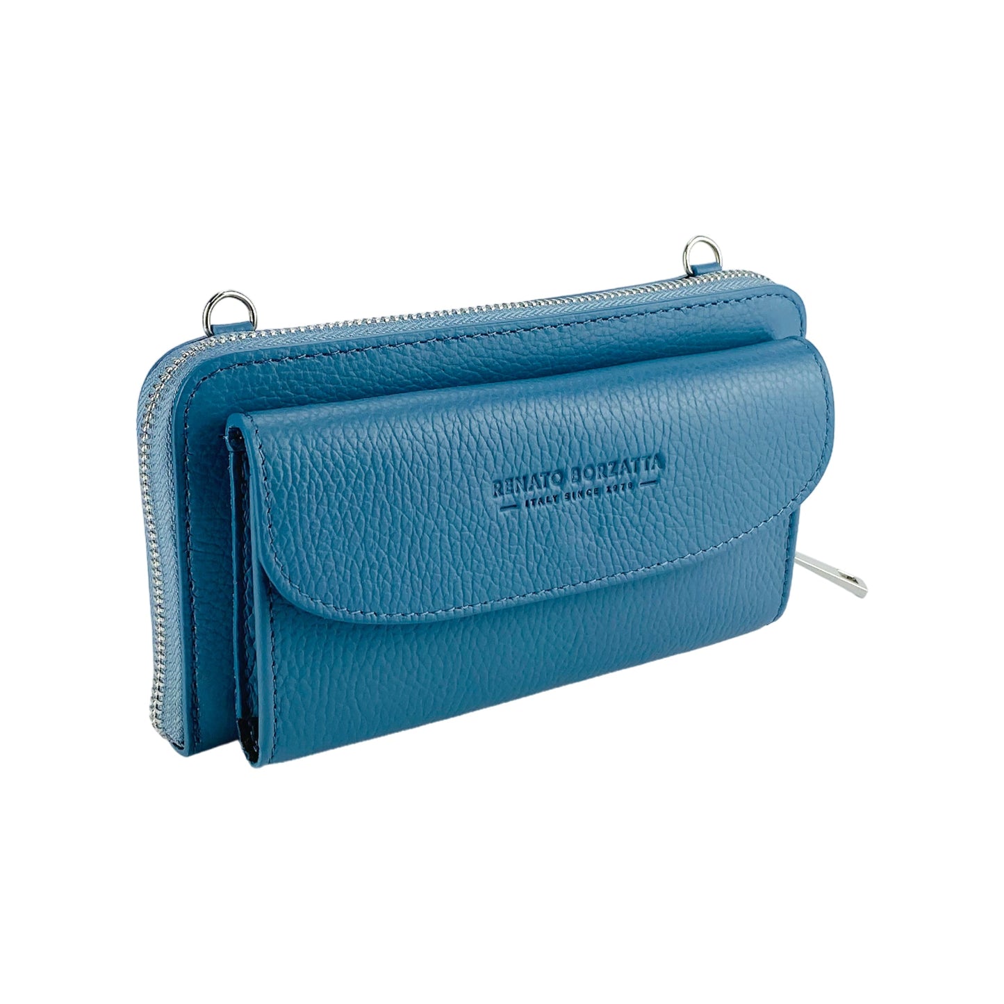 RB1020P | Women's Wallet with Cell Phone Holder in Genuine Leather Made in Italy with Removable Shoulder Strap. Polished Nickel Metal Snap Hook Attachments. Color: Air Force Blue. Dimensions: 19.5 x 11 x 5 cm-1