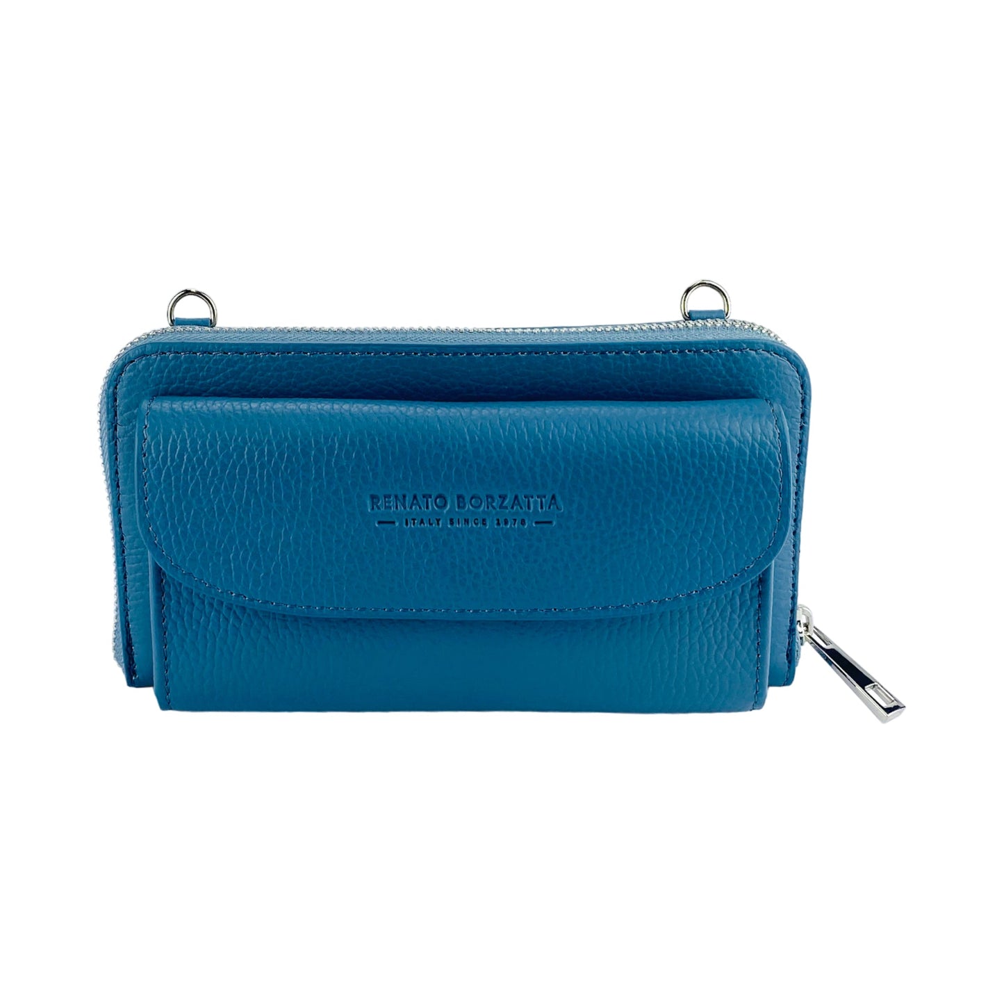 RB1020P | Women's Wallet with Cell Phone Holder in Genuine Leather Made in Italy with Removable Shoulder Strap. Polished Nickel Metal Snap Hook Attachments. Color: Air Force Blue. Dimensions: 19.5 x 11 x 5 cm-2