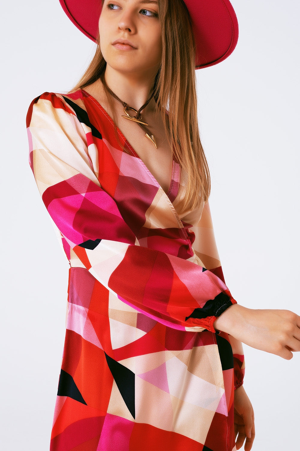 Wrap Short Abstract Print Dress in Fuxia-4