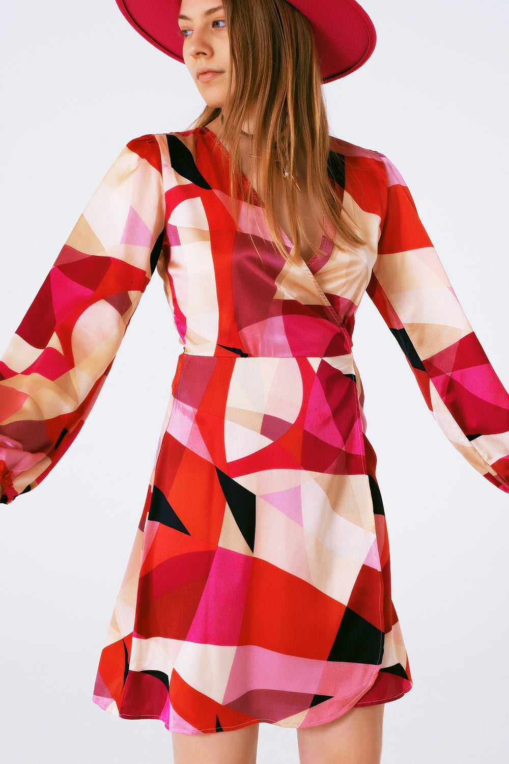Wrap Short Abstract Print Dress in Fuxia-5