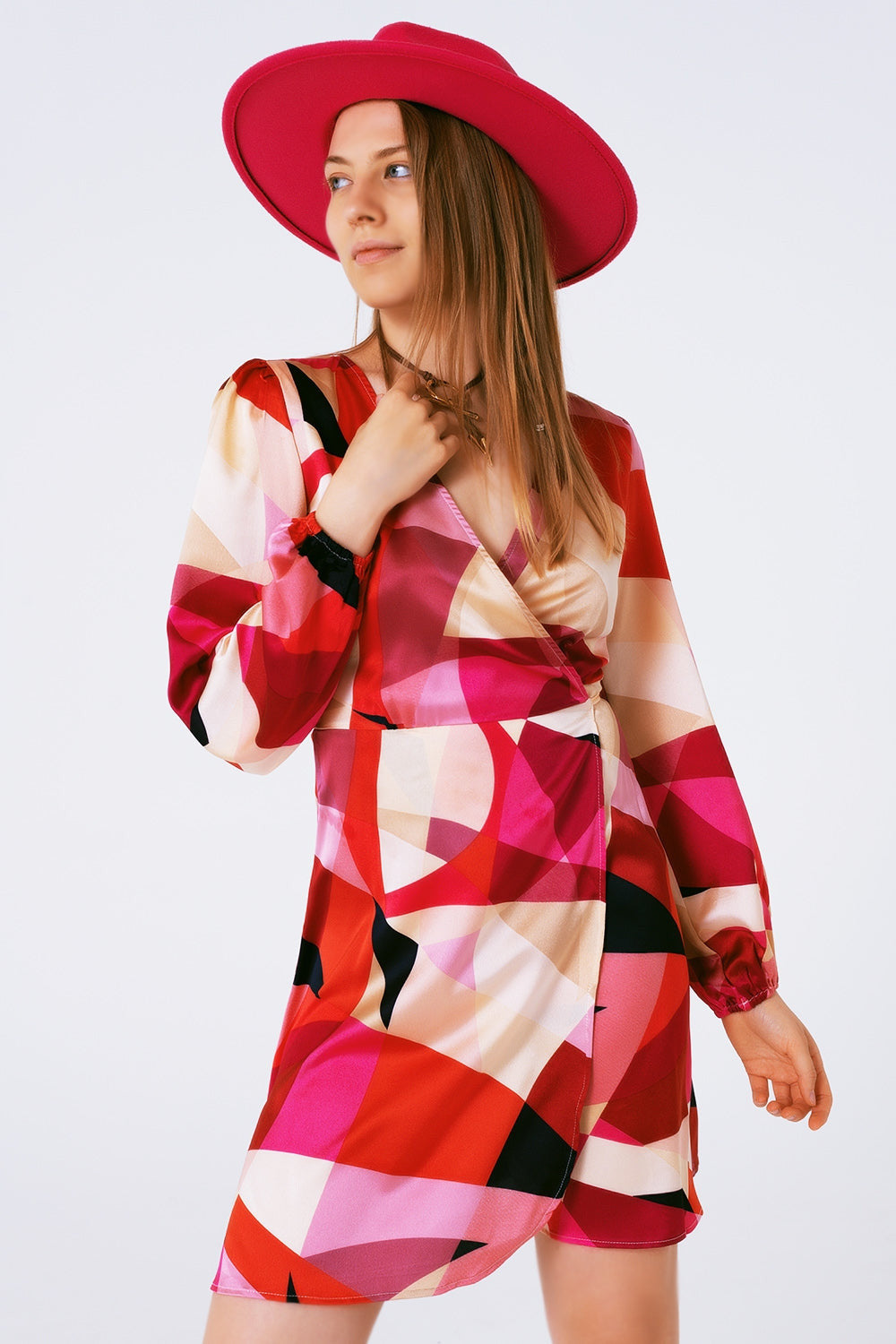 Wrap Short Abstract Print Dress in Fuxia-2