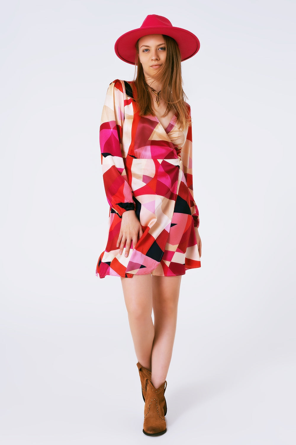 Wrap Short Abstract Print Dress in Fuxia-3