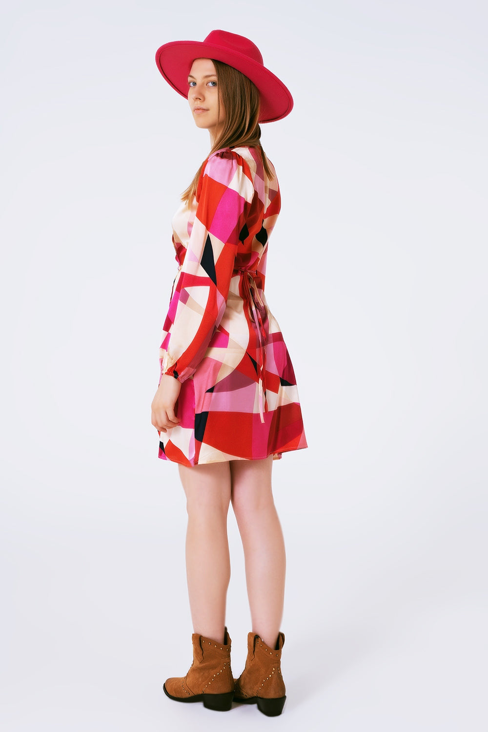 Wrap Short Abstract Print Dress in Fuxia-1