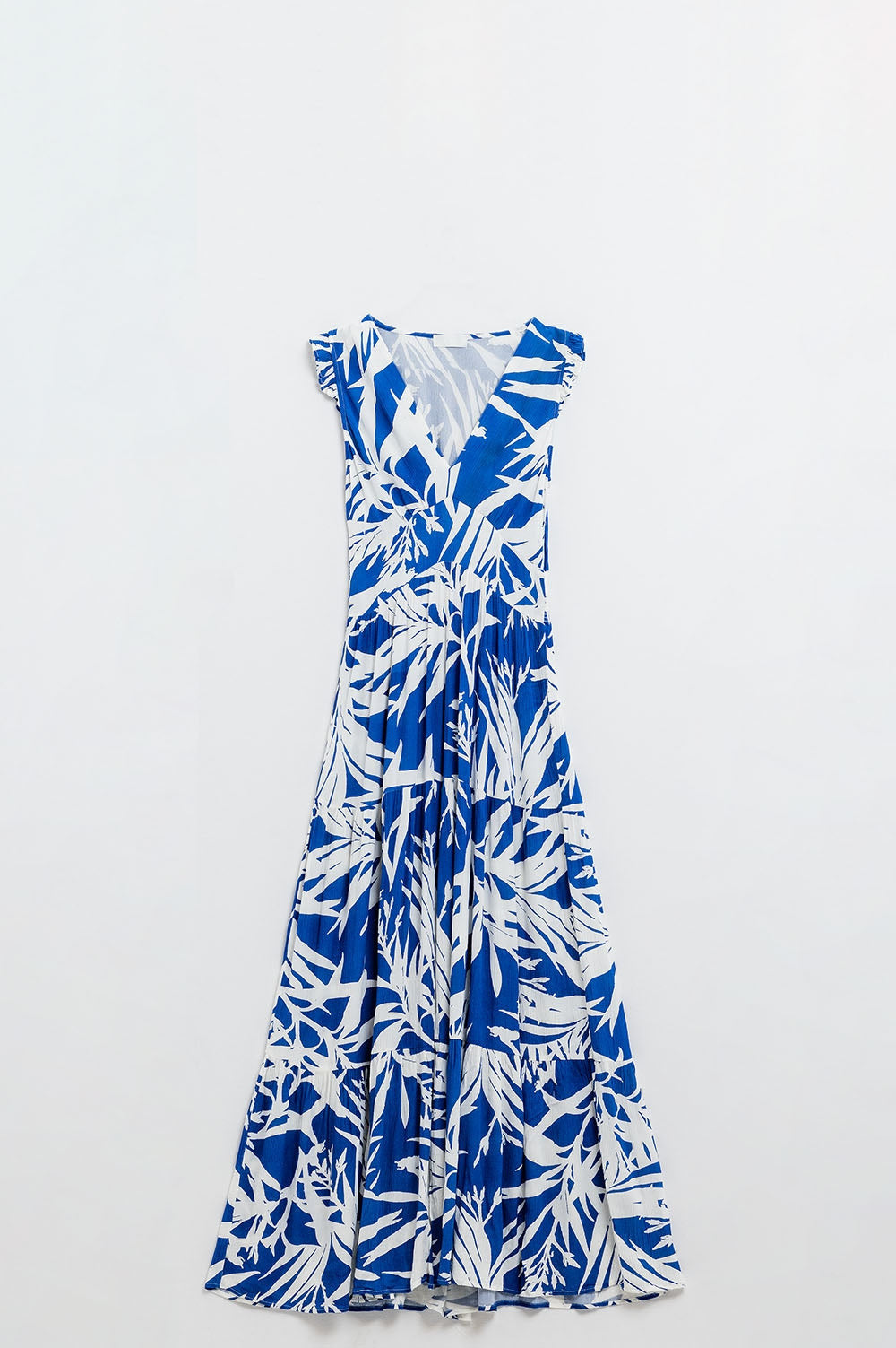 Maxi Tropical Print V-Neck Dress With Slit in Blue-5