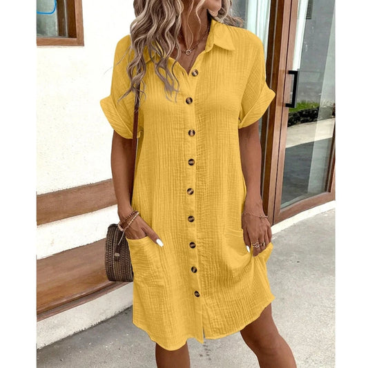 Fashion Women Summer Short Sleeve Shirt Dress Elegant Loose Simple Pockets Office Single Breasted Casual Party Dresses Clothes