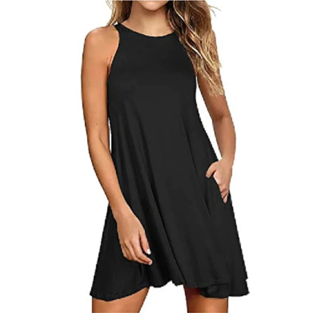 Vestito estivo da donna, casual, con t-shirt, copricostume, semplice, con pieghe e tasche.