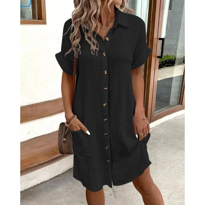 Fashion Women Summer Short Sleeve Shirt Dress Elegant Loose Simple Pockets Office Single Breasted Casual Party Dresses Clothes