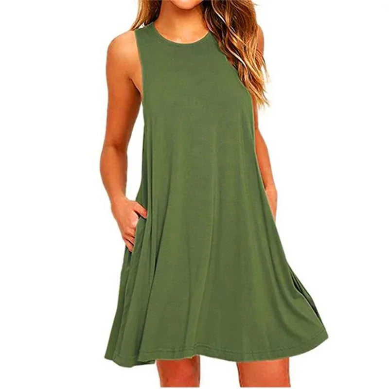 Vestito estivo da donna, casual, con t-shirt, copricostume, semplice, con pieghe e tasche.