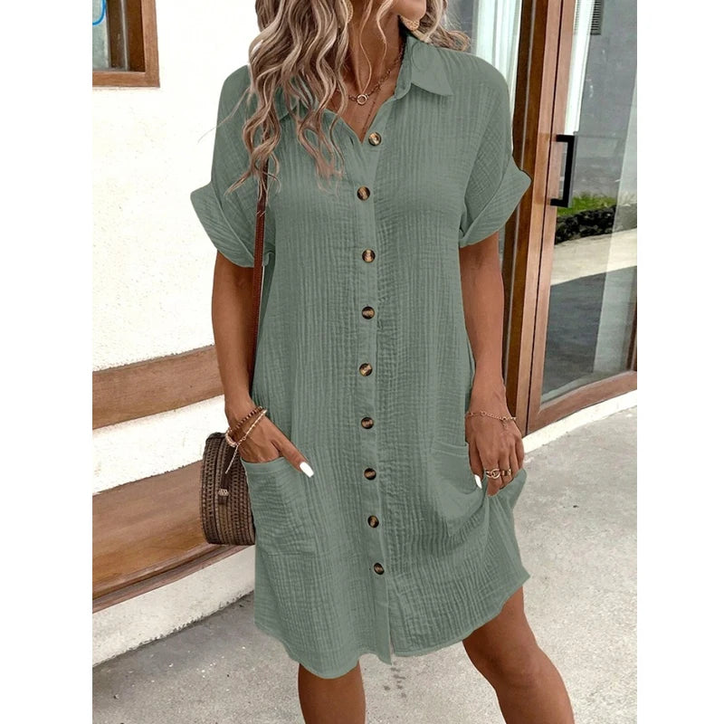 Fashion Women Summer Short Sleeve Shirt Dress Elegant Loose Simple Pockets Office Single Breasted Casual Party Dresses Clothes