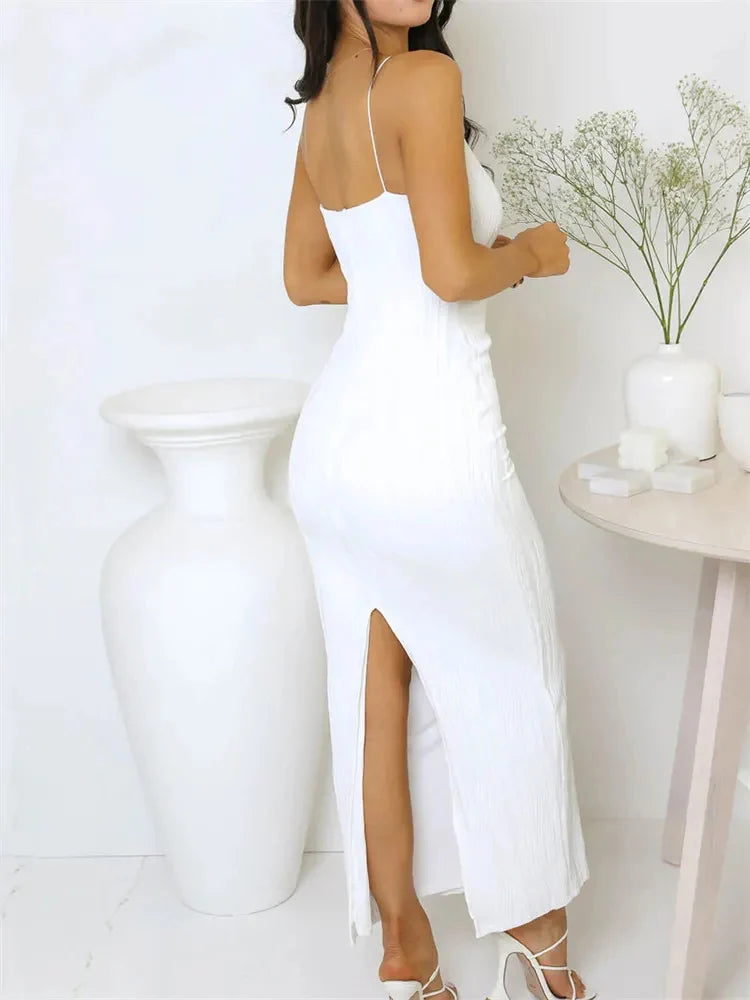 Vestito lungo da donna attraente, arricciato, senza maniche, aderente, tinta unita, estivo, da festa, con spacco sul retro, da clubwear, vestido, abiti da donna