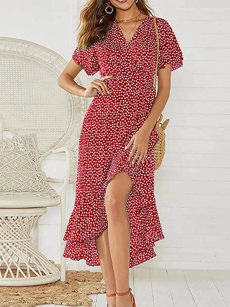 Abito lungo da spiaggia estivo da donna, con stampa floreale, stile boho, lungo in chiffon, con volant, casual, scollo a V, spacco, abito da festa.