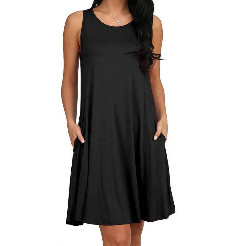 Vestito estivo da donna, casual, con t-shirt, copricostume, semplice, con pieghe e tasche.
