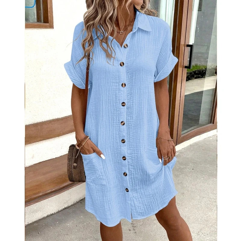 Fashion Women Summer Short Sleeve Shirt Dress Elegant Loose Simple Pockets Office Single Breasted Casual Party Dresses Clothes