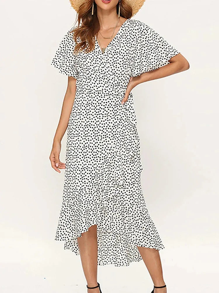 Abito lungo da spiaggia estivo da donna, con stampa floreale, stile boho, lungo in chiffon, con volant, casual, scollo a V, spacco, abito da festa.