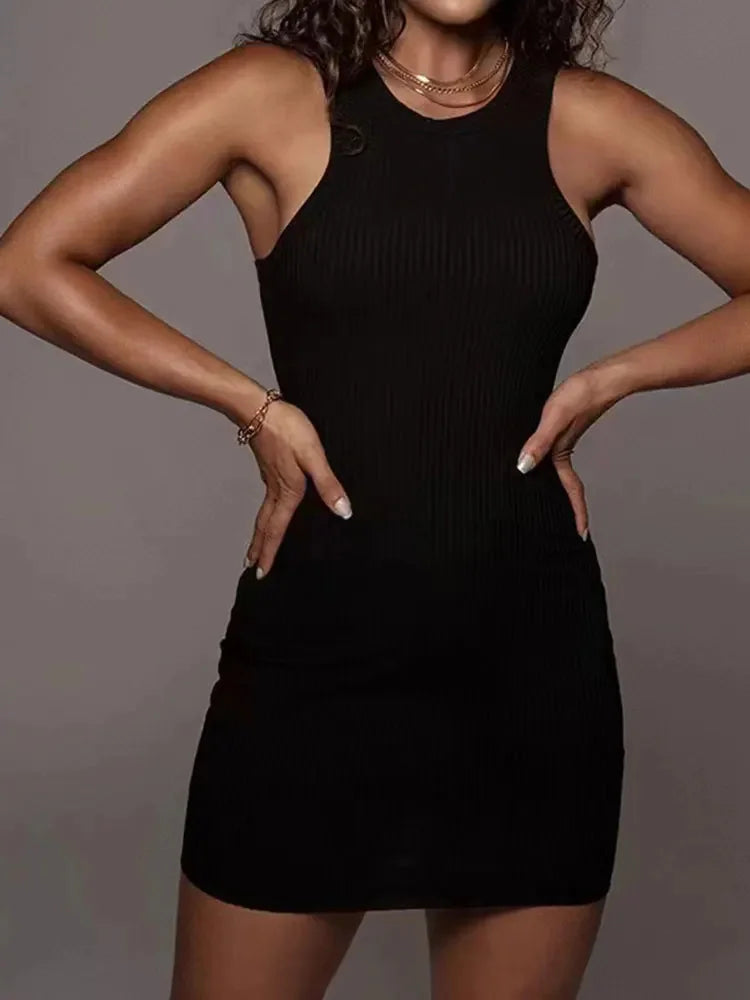 Vestito estivo aderente a coste nero, attraente, senza maniche, da donna, in tinta unita, attillato.