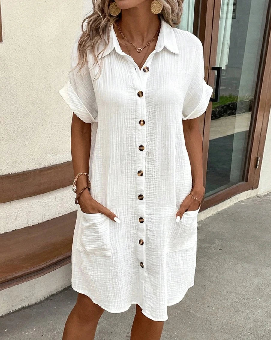 Fashion Women Summer Short Sleeve Shirt Dress Elegant Loose Simple Pockets Office Single Breasted Casual Party Dresses Clothes
