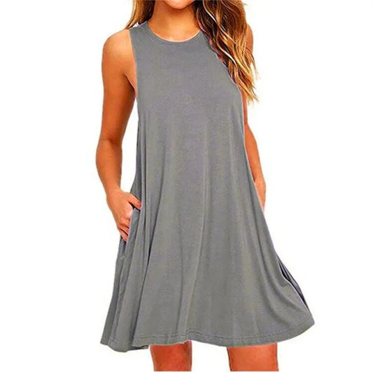Vestito estivo da donna, casual, con t-shirt, copricostume, semplice, con pieghe e tasche.