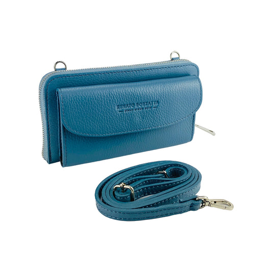 RB1020P | Women's Wallet with Cell Phone Holder in Genuine Leather Made in Italy with Removable Shoulder Strap. Polished Nickel Metal Snap Hook Attachments. Color: Air Force Blue. Dimensions: 19.5 x 11 x 5 cm-0
