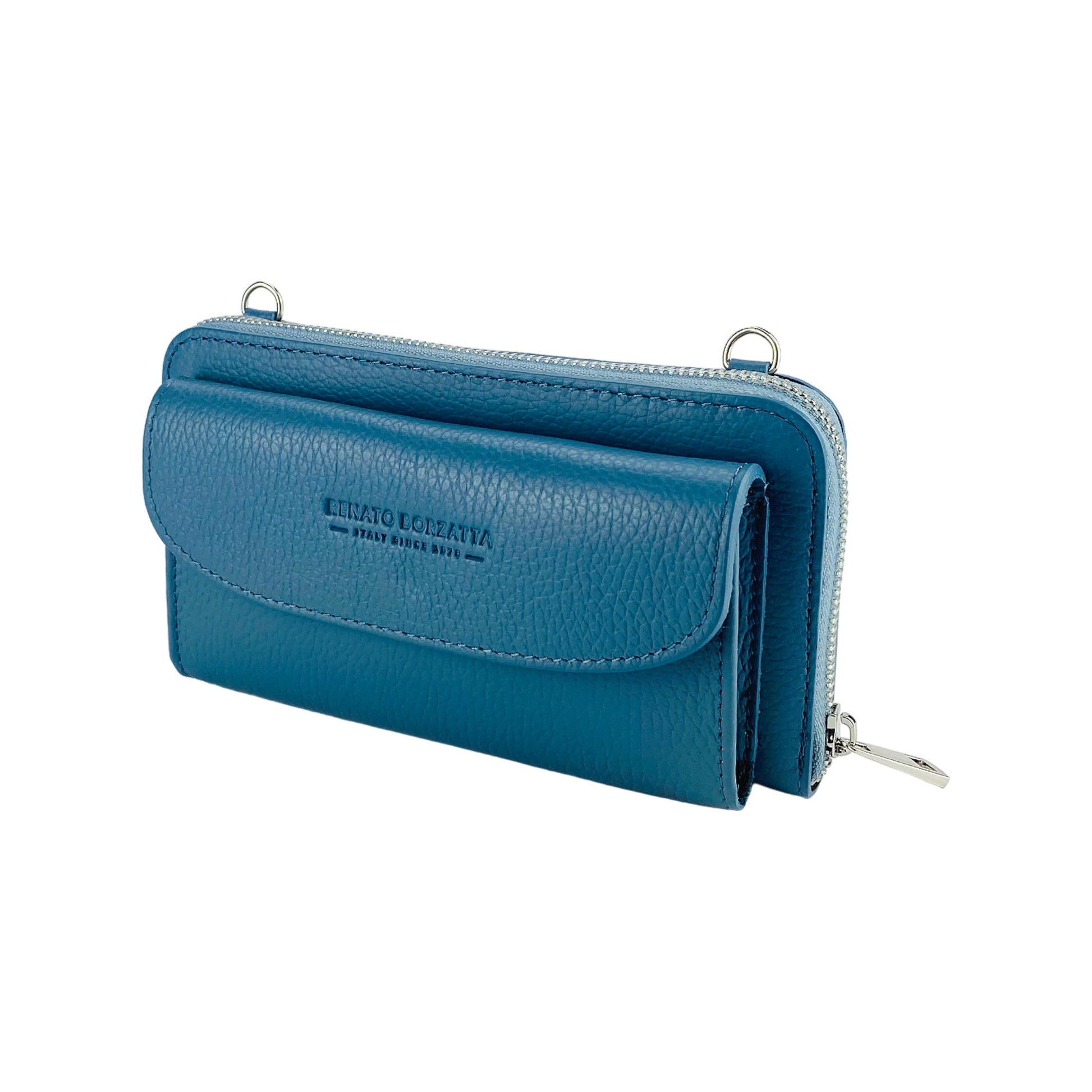RB1020P | Women's Wallet with Cell Phone Holder in Genuine Leather Made in Italy with Removable Shoulder Strap. Polished Nickel Metal Snap Hook Attachments. Color: Air Force Blue. Dimensions: 19.5 x 11 x 5 cm-3