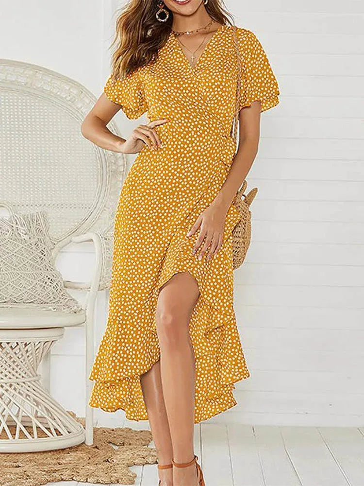 Abito lungo da spiaggia estivo da donna, con stampa floreale, stile boho, lungo in chiffon, con volant, casual, scollo a V, spacco, abito da festa.