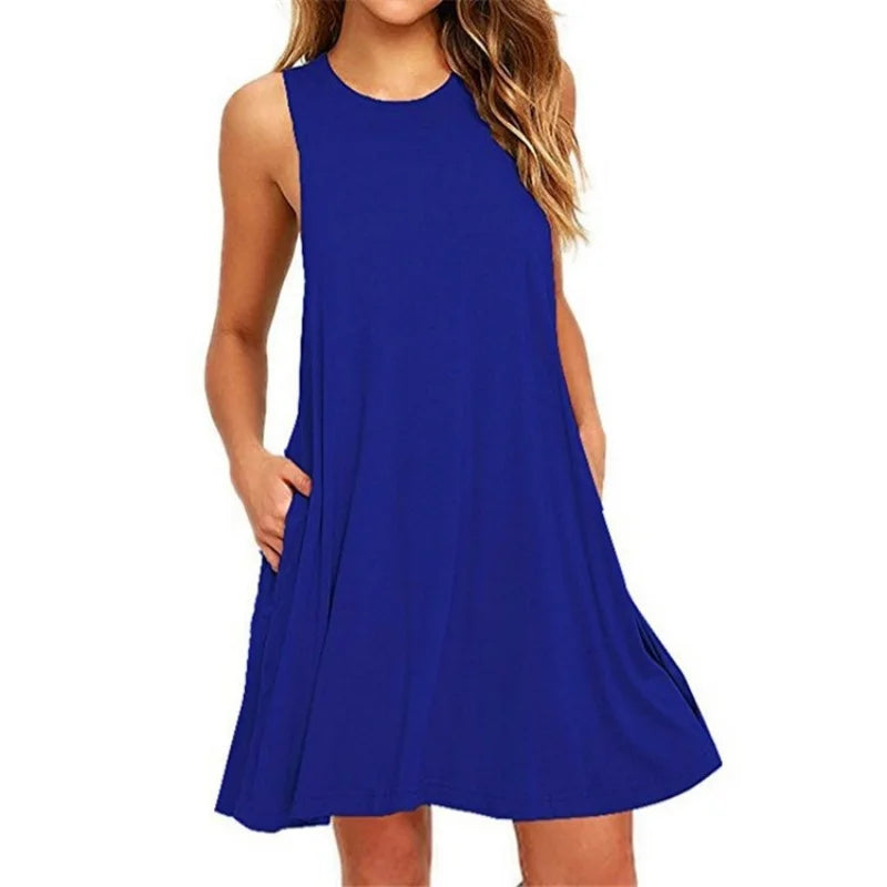 Vestito estivo da donna, casual, con t-shirt, copricostume, semplice, con pieghe e tasche.