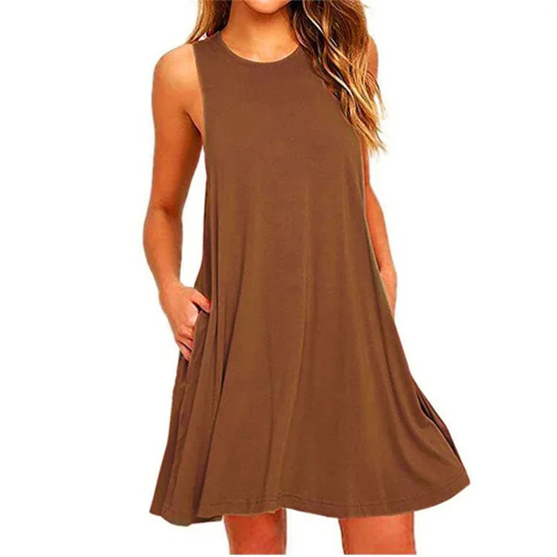 Vestito estivo da donna, casual, con t-shirt, copricostume, semplice, con pieghe e tasche.