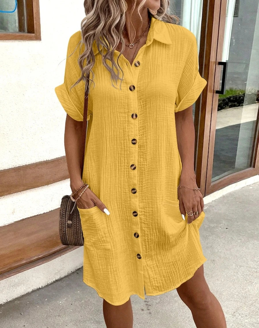 Fashion Women Summer Short Sleeve Shirt Dress Elegant Loose Simple Pockets Office Single Breasted Casual Party Dresses Clothes