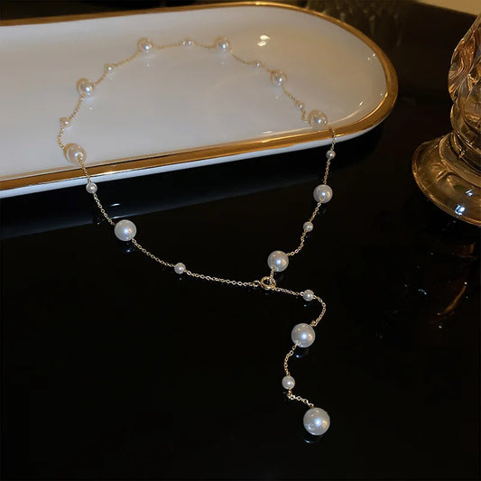 Collana a catena lunga con perle finte per donna, collana sexy con nappa sul retro per abiti da festa, collane a catena, gioielli per il corpo da donna