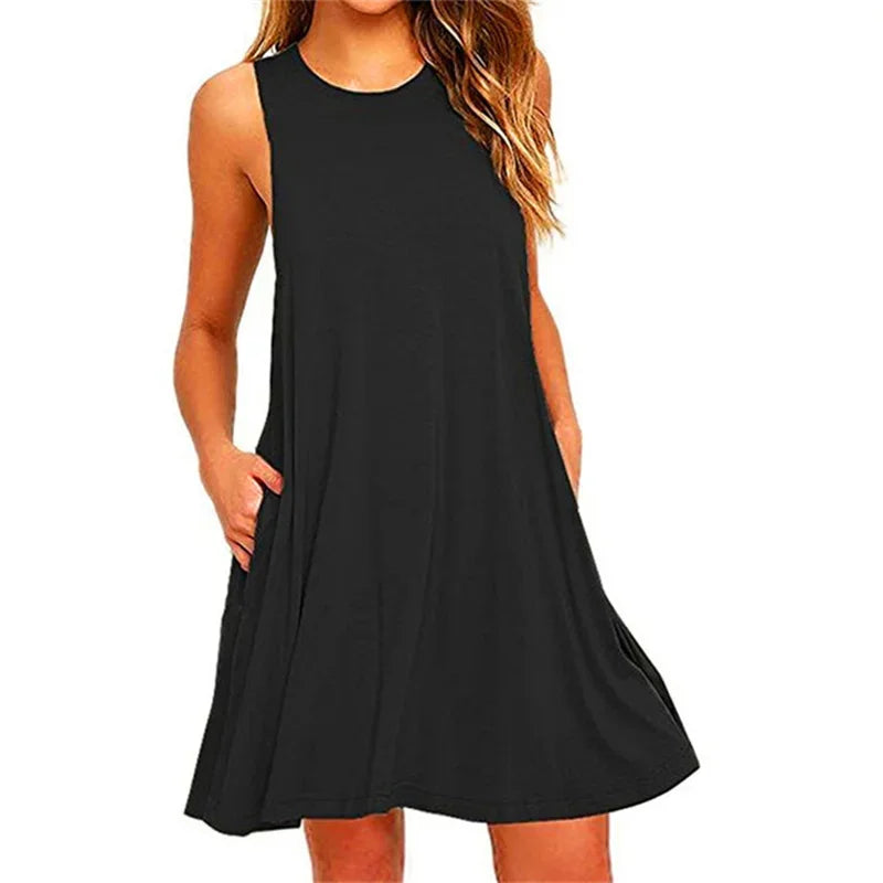 Vestito estivo da donna, casual, con t-shirt, copricostume, semplice, con pieghe e tasche.