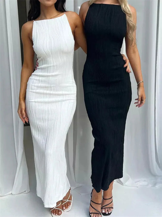 Vestito lungo da donna attraente, arricciato, senza maniche, aderente, tinta unita, estivo, da festa, con spacco sul retro, da clubwear, vestido, abiti da donna