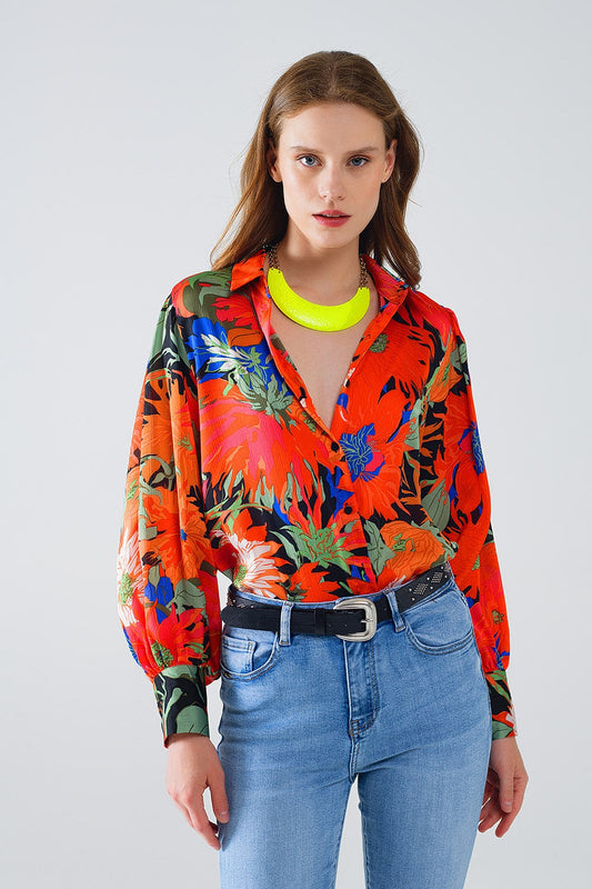 Floral Balloon Sleeves Chiffon Shirt in Black-0