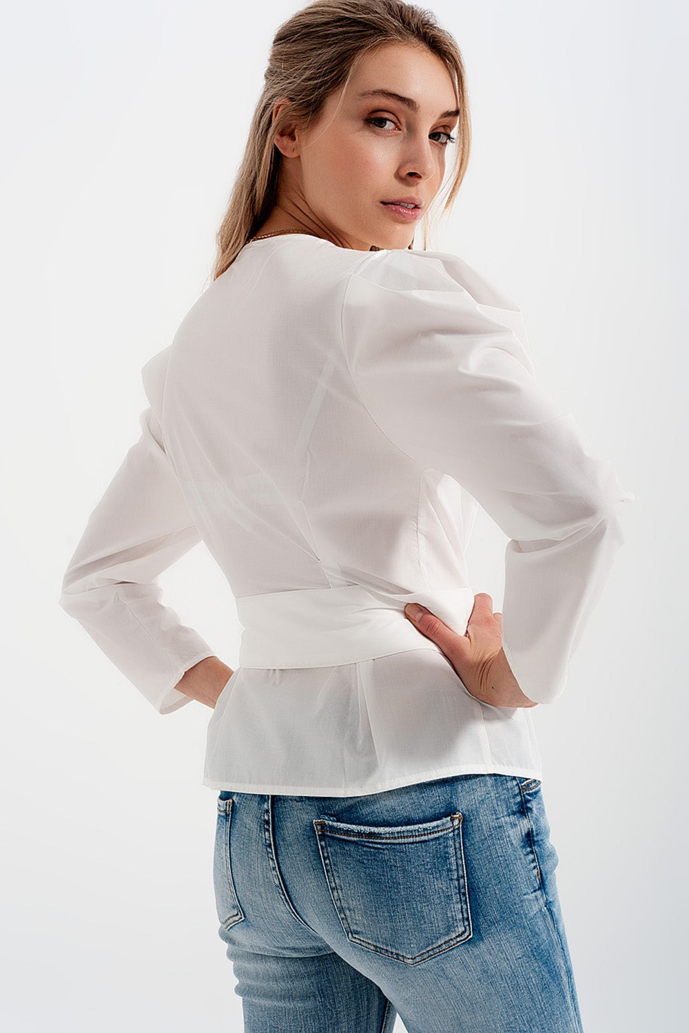 Puff Sleeve Blouse With Belt Detail in White-1