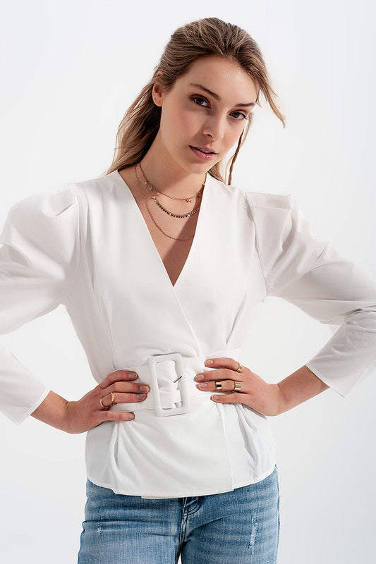 Puff Sleeve Blouse With Belt Detail in White-0