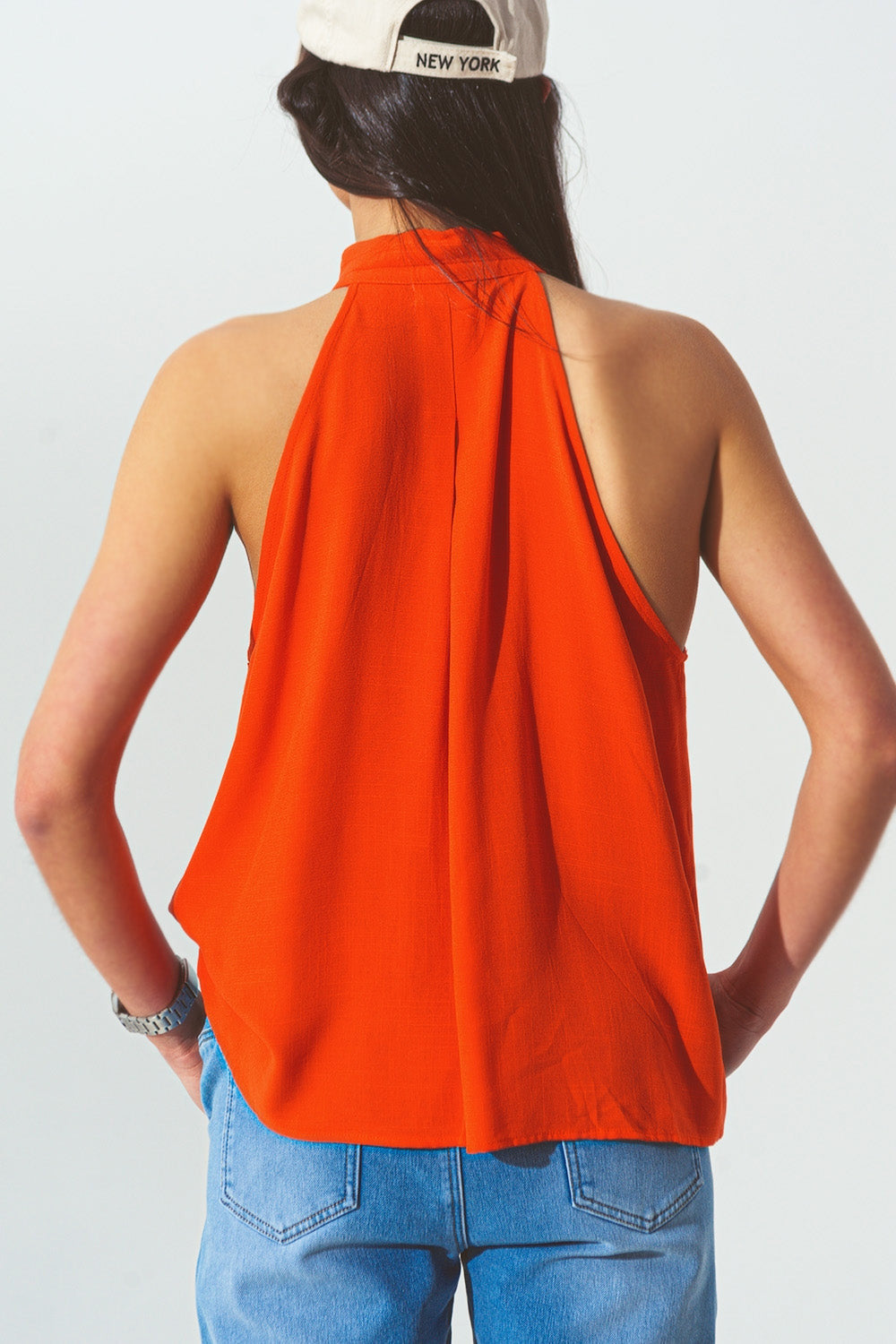 Orange Halter Neck Top With Button Details-1