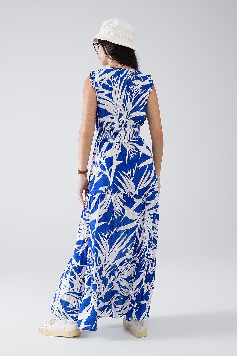 Maxi Tropical Print V-Neck Dress With Slit in Blue-1