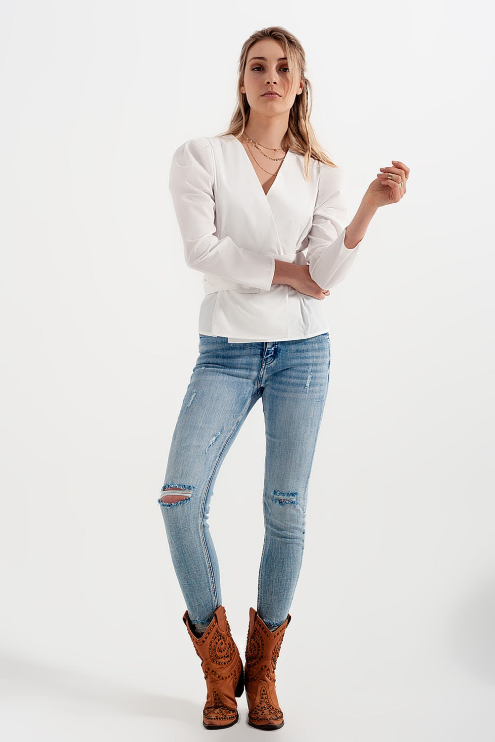 Puff Sleeve Blouse With Belt Detail in White-2