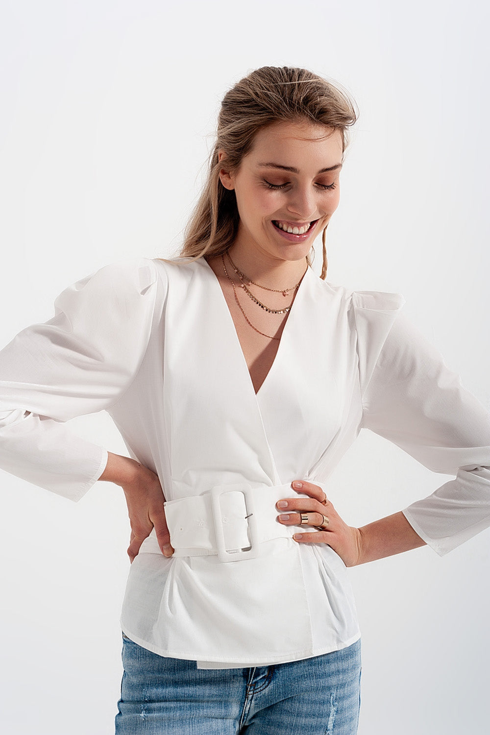 Puff Sleeve Blouse With Belt Detail in White-3