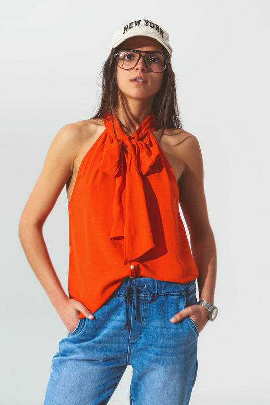 Orange Halter Neck Top With Button Details-0