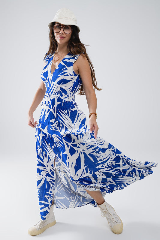 Maxi Tropical Print V-Neck Dress With Slit in Blue-0