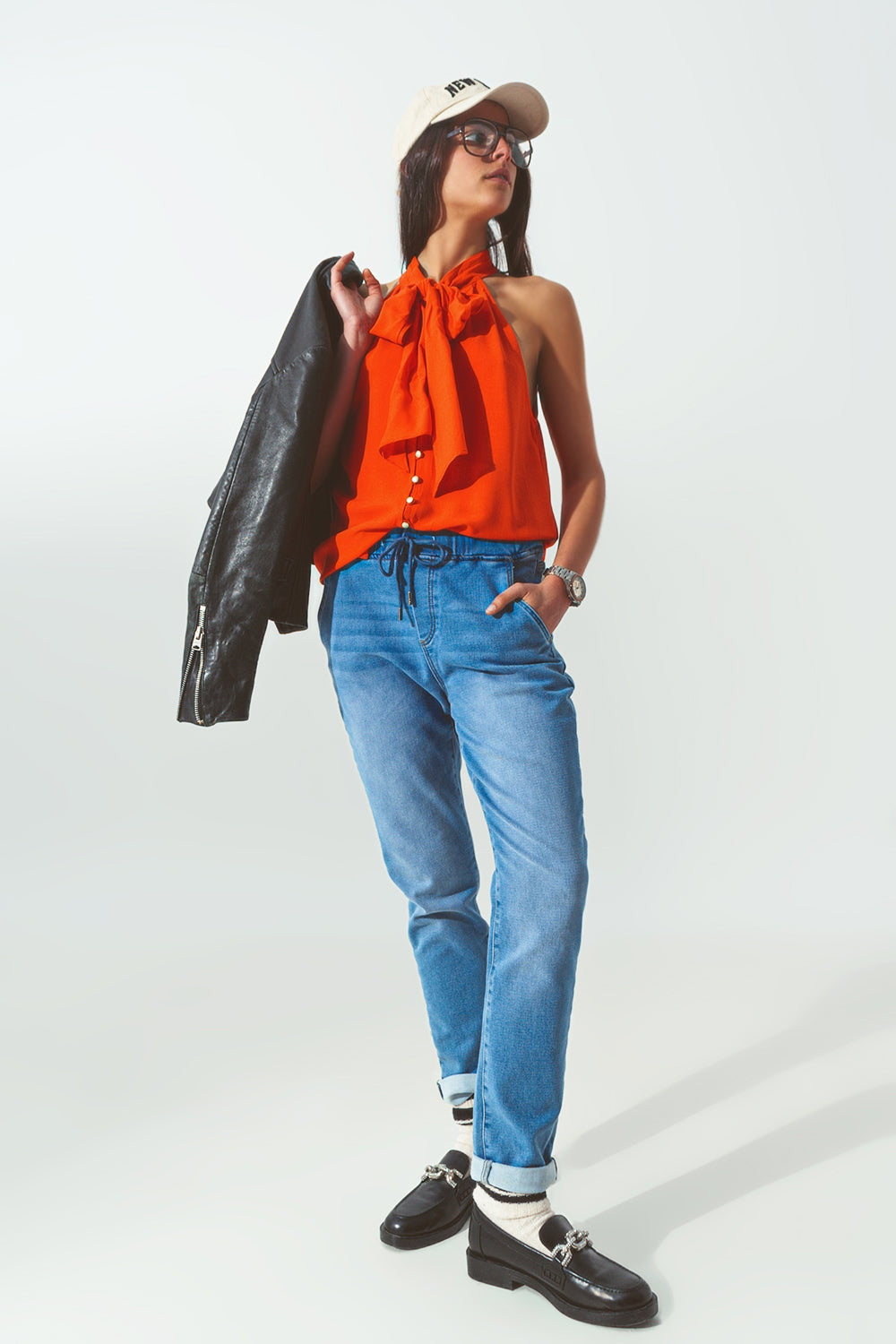 Orange Halter Neck Top With Button Details-3